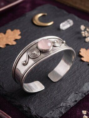 Rose Quartz Cuff Bracelet Whimsigoth Boho Silver Plated Artisan Adjustable